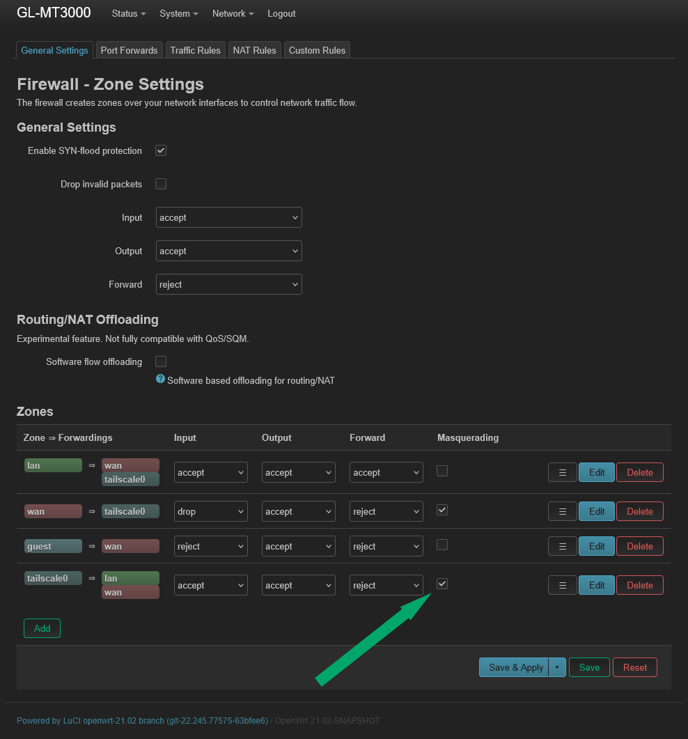 LuCI Firewall zones with Masquerading enabled on tailscale0