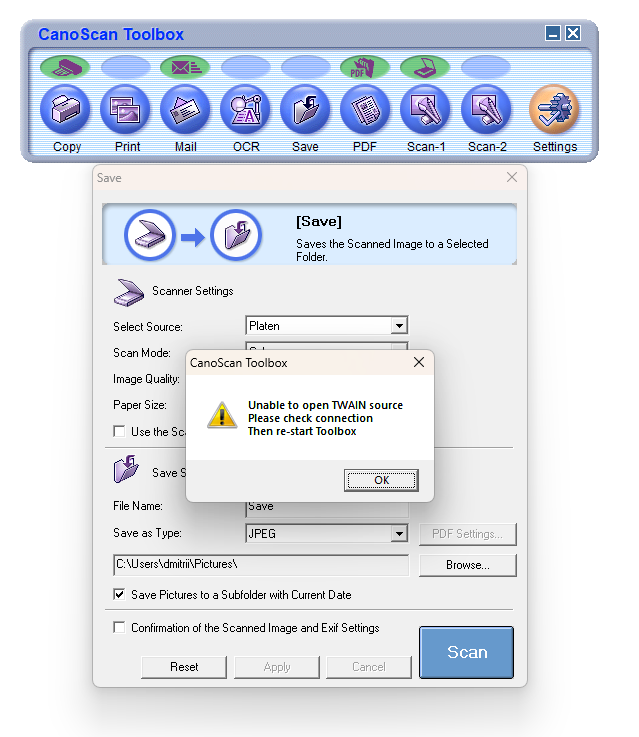 CanoScan Toolbox TWAIN error